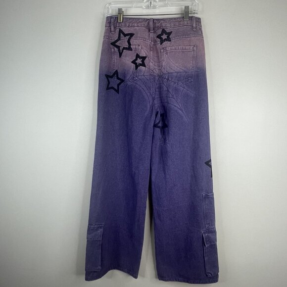 Skater Grunge Cyber Punk Womens Wide Leg Flare Jeans Cargo Pockets 28” x 29.5” - Picture 2 of 15